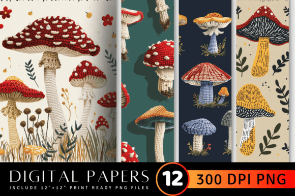 Crochet Mushroom Embroidery Digital Paper